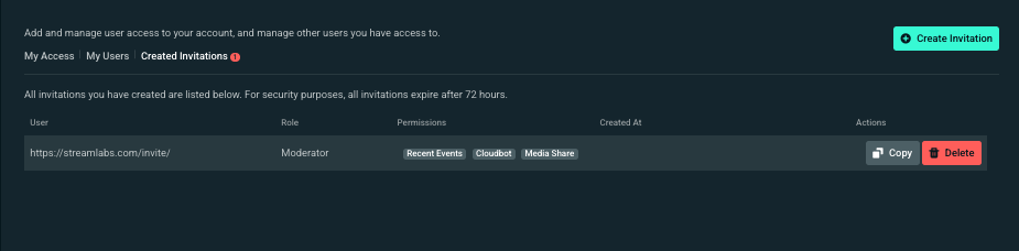 streamlabs dashboard shared access invitations